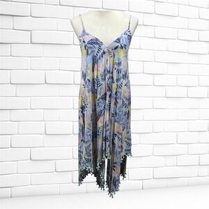 Goa Beachwear by‎ Japna Tropical Floral Pom Pom Handkerchief Hem Dress Blue L